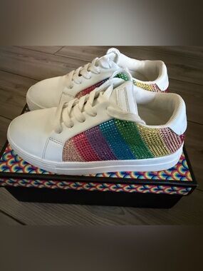 Kurt Geiger White Sneakers with Rainbow Crystal Stripes